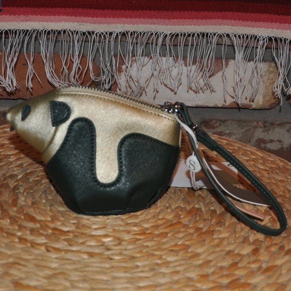 New Shiraleah Panda Coin Purse, Structured, Wrist Strap, Gold & Green, XS - Picture 2 of 4